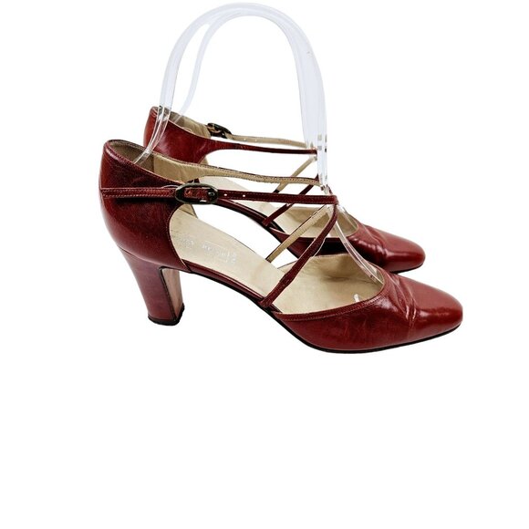 Geoffrey Beene Womens Burgundy Leather Heels Strappy Design Size 6.5 AA Italy - Picture 3 of 10